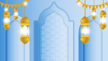 Eid Mubarak with illuminated lamp. Light blue vector Illustration.