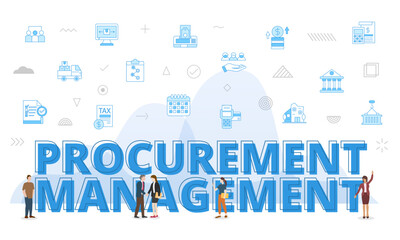 procurement management concept with big words and people surrounded by related icon spreading