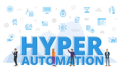 hyper automation concept with big words and people surrounded by related icon spreading - obrazy, fototapety, plakaty