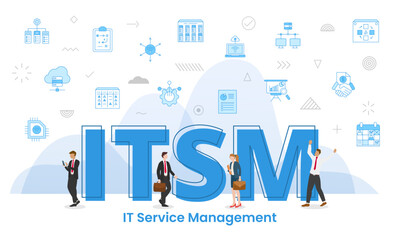 itsm information technology service management concept with big words and people surrounded by related icon spreading