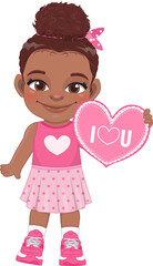 Valentine American African kid with little black girl holding pink heart banner. Dating, Celebrating Valentines day flat icon. Brown bun hair young girlfriend cartoon character PNG.