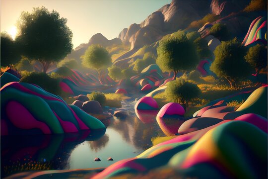 Surreal bunte Landschaft created with Generative AI Technology
