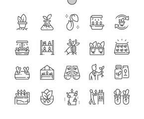 Hydroponic. Greenhouse. Farming and gardening. Growing plants. Sprout in the ground. Pixel Perfect Vector Thin Line Icons. Simple Minimal Pictogram