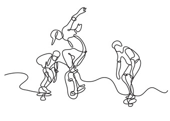continuous line drawing group of skaters - PNG image with transparent background