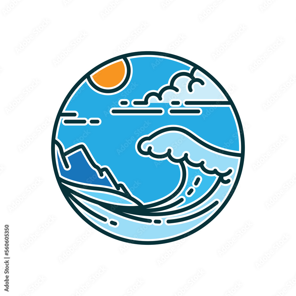 Poster blue beach waves logo with mountain vector illustration - Posters