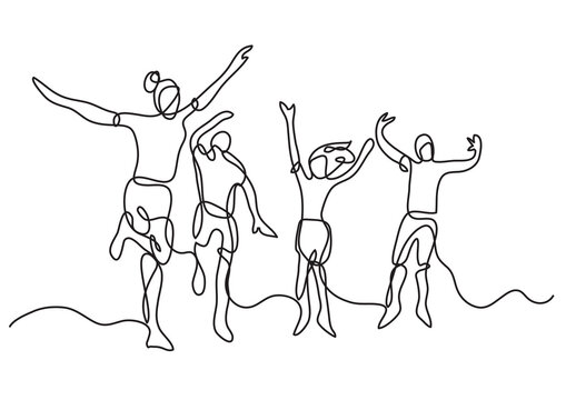 continuous line drawing happy young people jumping beach - PNG image with transparent background