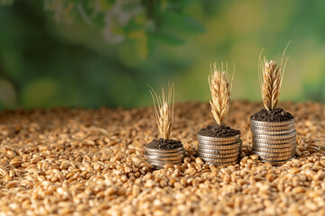 Growing money in the soil with ripe wheat spikelets. Concept, business and agriculture success...