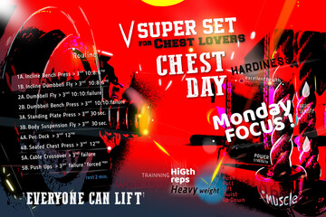Poster art work of Gym for home workouts. Information for superset exercise chest workout routines for Chest lover.