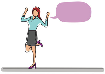 continuous line drawing happy cheering woman speech bubble colored - PNG image with transparent background