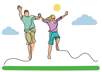 continuous line drawing happy jumping couple colored - PNG image with transparent background