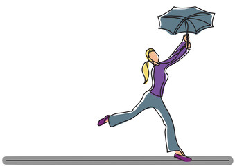 continuous line drawing happy woman dancing with umbrella colored - PNG image with transparent background