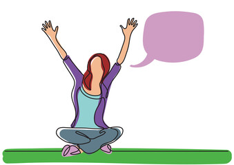 continuous line drawing happy womansitting in lotus pose waving speech bubble colored - PNG image with transparent background