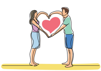 continuous line drawing loving couple showing heart sign colored colored - PNG image with transparent background