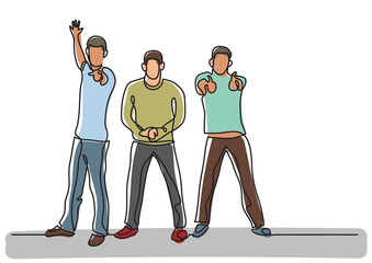 continuous line drawing three cheering guys colored - PNG image with transparent background