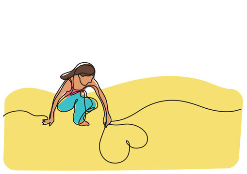 continuous line drawing woman drawing heart on sand colored colored - PNG image with transparent background