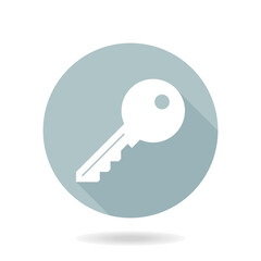 Blue and white key icon in the circle. Flat design and long shadow