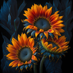 A burst of orange and yellow sunflowers against a deep blue background