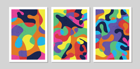 Set of abstract contemporary mid century posters with Fluid shapes and texture. Design for wallpaper, background, wall decor, cover, print, card. Modern boho minimalist art. Vector illustration.