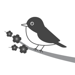桜の木の枝にとまっているメジロの単品イラスト。春の小鳥。 ー Single illustration of a Japanese white-eye (Zosterops japonicus) on a branch of a cherry tree. Little Bird of Spring.