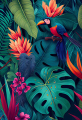 Tropical background with jungle plants and exotic birds. Generative AI