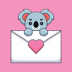 cute koala holding a love letter cartoon mascot doodle art hand drawn outline concept vector kawaii icon illustration