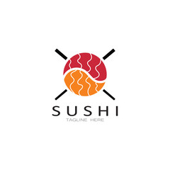 Sushi logo template.Vector Icon Style Illustration Bar or Shop, Sushi,Salmon Roll,Sushi and rolls with chopstick bar or restaurant vector logo template