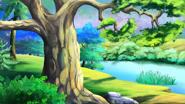 Big tree on a river bank Illustration