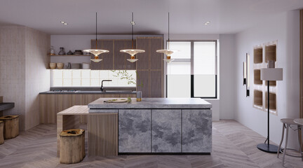 Obraz premium 3d rendering,3d illustration, Interior Scene and Mockup,kitchen and bar 3d render,scandinavian style wooden furniture.