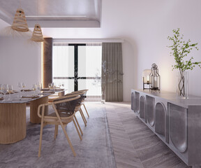 3d rendering,3d illustration, Interior Scene and  Mockup,dining room scandinavian style wooden furniture,sitting area by the window.