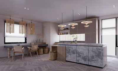 3d rendering,3d illustration, Interior Scene and  Mockup,kitchen and bar 3d render,scandinavian style wooden furniture.