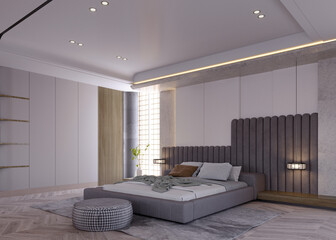3d rendering,3d illustration, Interior Scene and  Mockup,modern minimalist bedroom with fireplace,