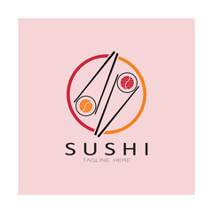 Sushi logo template.Vector Icon Style Illustration Bar or Shop, Sushi,Salmon Roll,Sushi and rolls with chopstick bar or restaurant vector logo template