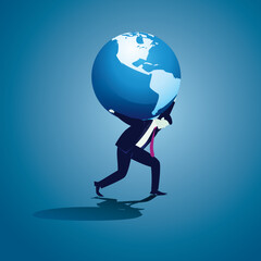 Man struggle to hold and carrying earth globe on his back, business metaphor concept of hard work and determination