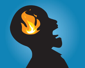 Inner problem mental health, silhouette of anger man screaming, flaming fire in head
