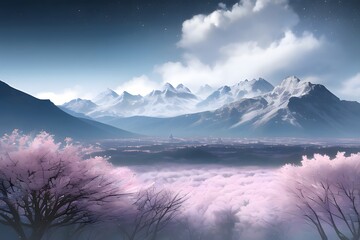 幻想的な雪山と夜空　桜の木々　,generative ai