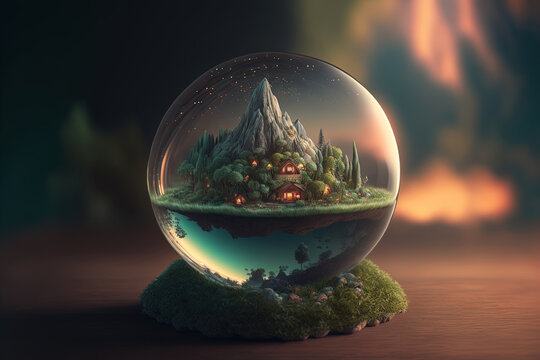 Beautiful microworld in a glass ball. Generative AI.