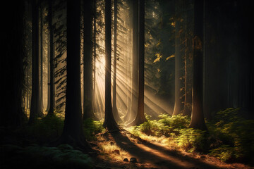 Obraz premium Sun rays shining through trees in forest. Generative AI.