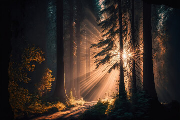 Sun rays shining through trees in forest. Generative AI.