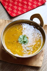 Indian Food. Healthy nutritious Indian comfort food Dal Chawal. yellow Dal Tadka or lentil curry. Protein rich superfood. copy space.