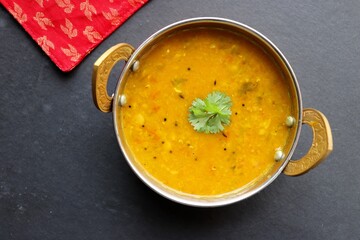 Indian Food. Healthy nutritious Indian comfort food Dal Chawal. yellow Dal Tadka or lentil curry. Protein rich superfood. copy space.