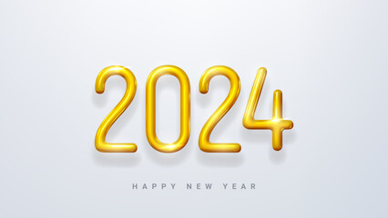 2024 Happy New Year banner. 3d golden number 2024 isolated on grey background. Vector illustration for decoration of New Year events, banners, posters and flyers. Bright symbol of 2024 year.