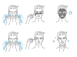 Beautiful young man take skin care about his face procedure at home. Beauty face care concept. Linear logo minimalist style. Vector design illustration.