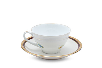 Empty white ceramic mug. Decorative flower pattern with one handle cup isolated on white background. Modern mug tea, coffee, or milk. Shiny bright color glazed vintage handmade for drinking water.
