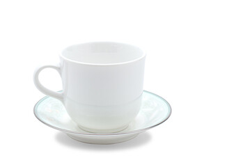Empty white ceramic mug. Decorative flower pattern with one handle cup isolated on white background. Modern mug tea, coffee, or milk. Shiny bright color glazed vintage handmade for drinking water.