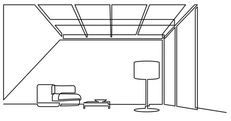 continuous line drawing of open space living room area with sofa and floor lamp - PNG image with transparent background