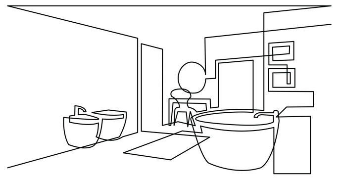 continuous line drawing of spacious bathroom - PNG image with transparent background