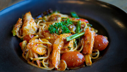 Close up, selective focus, Italian pasta spaghetti with prawns in Tom Yum flavor, Thai style pasta, tasty and spicy, delicious menu in dark color plate on wooden table