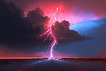 Road with a view of the red storm and lightning