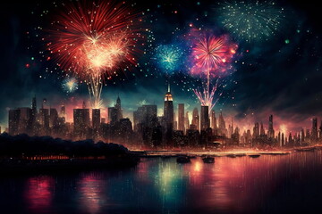 Fototapeta na wymiar Brightly colorful fireworks in the night city . Generative AI