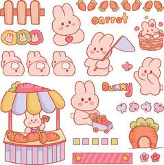 Cute bunny rabbit in the farm hand drawn illustration set collection transparent journal sticker